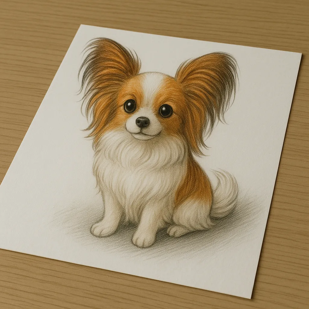 かわいい立体リアルなパピヨン｜白い紙の上に描かれたパピヨンが、大きく広がった耳とふわふわの毛で優雅に座っています。色鉛筆で長毛の流れや耳の模様を繊細に描き、白と茶のコントラストがやさしく表現されています。斜めに置かれた紙の上で自然な影とともに描かれており、まるで本当にそこにいるような立体感があります。