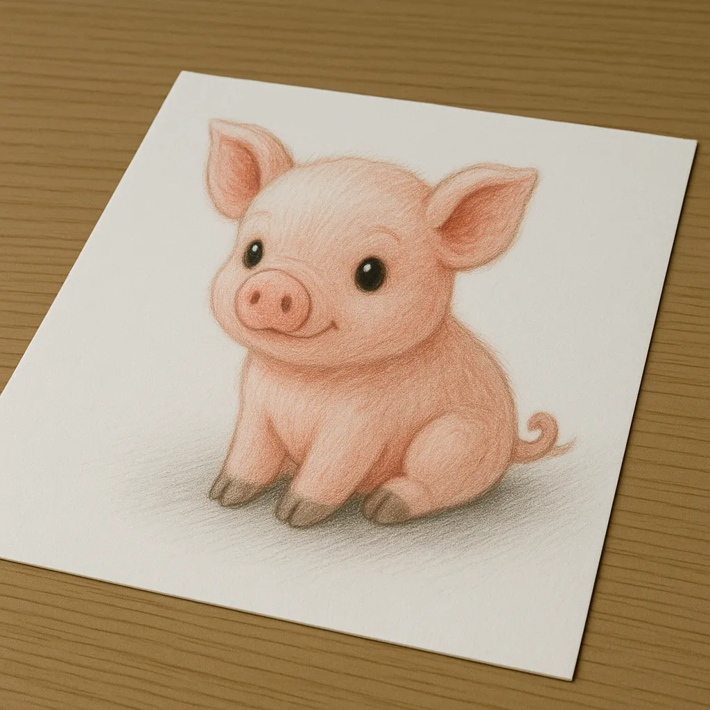 かわいい立体リアルな子豚|白い紙の上に描かれた子豚が、ころんとした小さな体でちょこんと座っています。色鉛筆でやわらかなピンク色をふんわりと塗り、丸い鼻や小さな足、くるんとしたしっぽまで愛らしく表現されています。斜めに配置された紙と自然な影が、まるで紙の上に本物の子豚がいるような立体感を生み出しています。