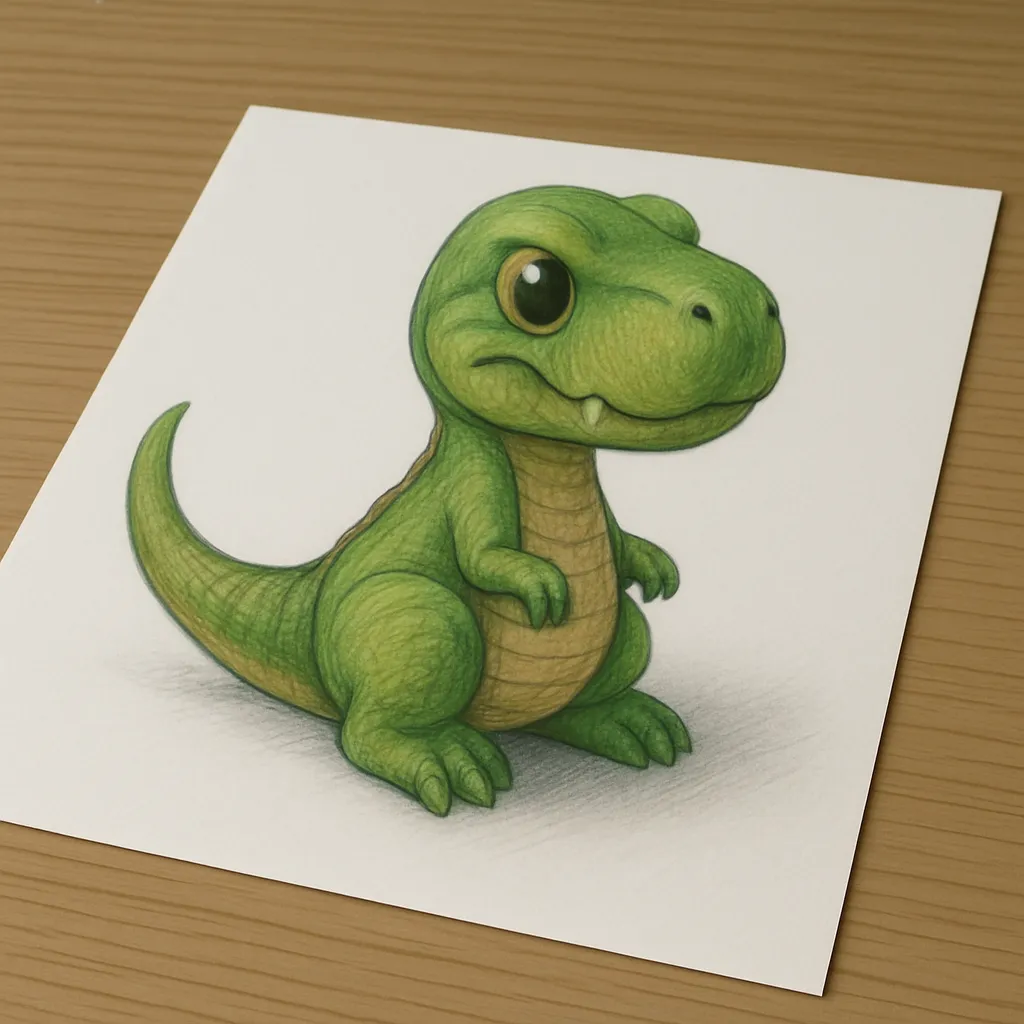 かわいい立体リアルなティラノサウルス｜白い紙の上に描かれたティラノサウルスが、ちいさな体でちょこんと座っています。色鉛筆で緑やブラウンの肌の質感と背中の凹凸を丁寧に描き、鋭さを抑えた目元や短い手足を親しみやすくデフォルメしています。斜めに置かれた紙と自然な影によって、紙の上に本当に小さなティラノサウルスがいるような立体感が表現されています。