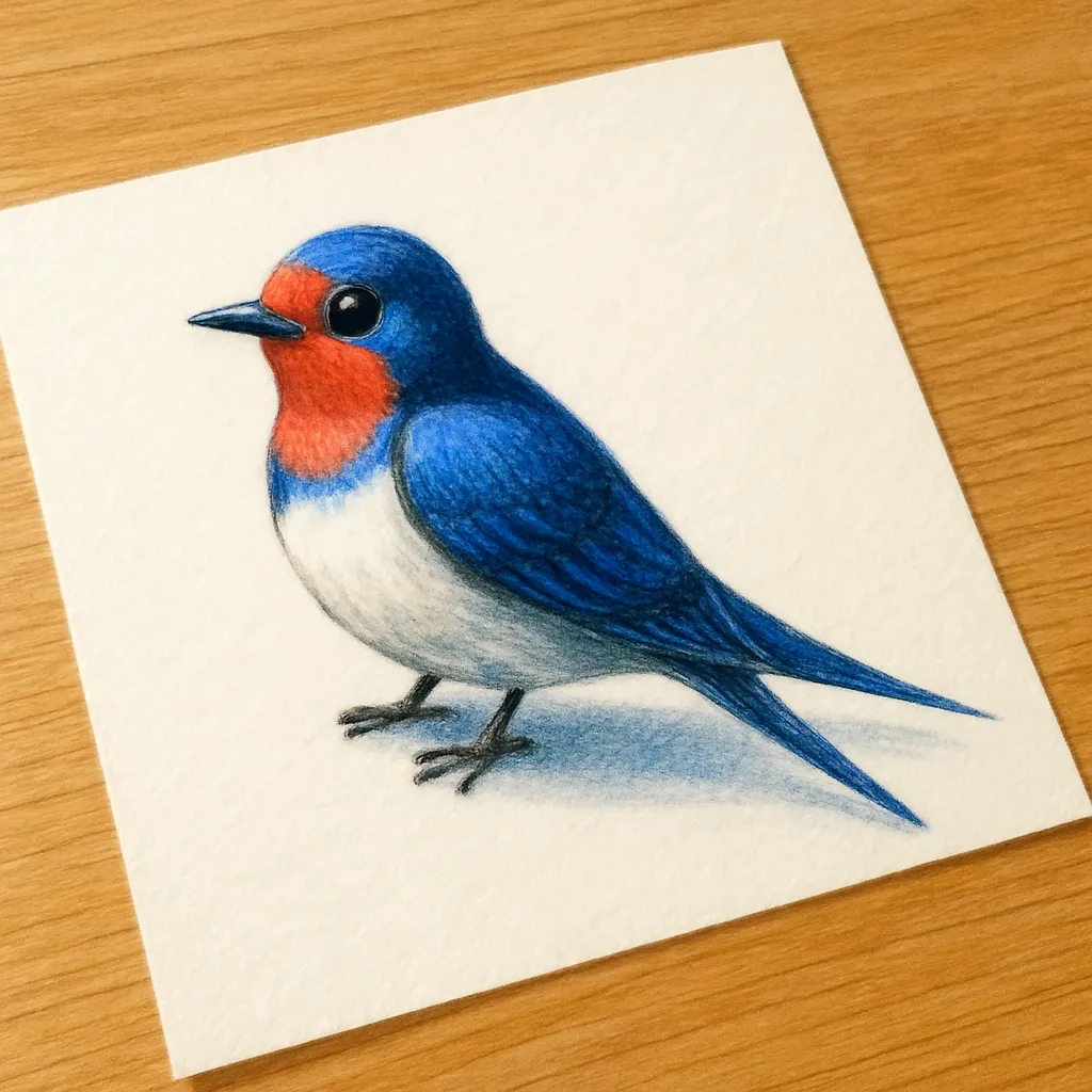 かわいい立体リアルなツバメ｜白い紙の上に描かれたツバメがちょこんと座った姿で立体的に表現されています。色鉛筆で描かれた濃い青と赤い顔の模様が鮮やかで、長い尾羽とすっきりしたシルエットが特徴的です。丸い瞳とやさしい表情、自然な影が紙の上に本当にいるようなリアルさを引き立てています。