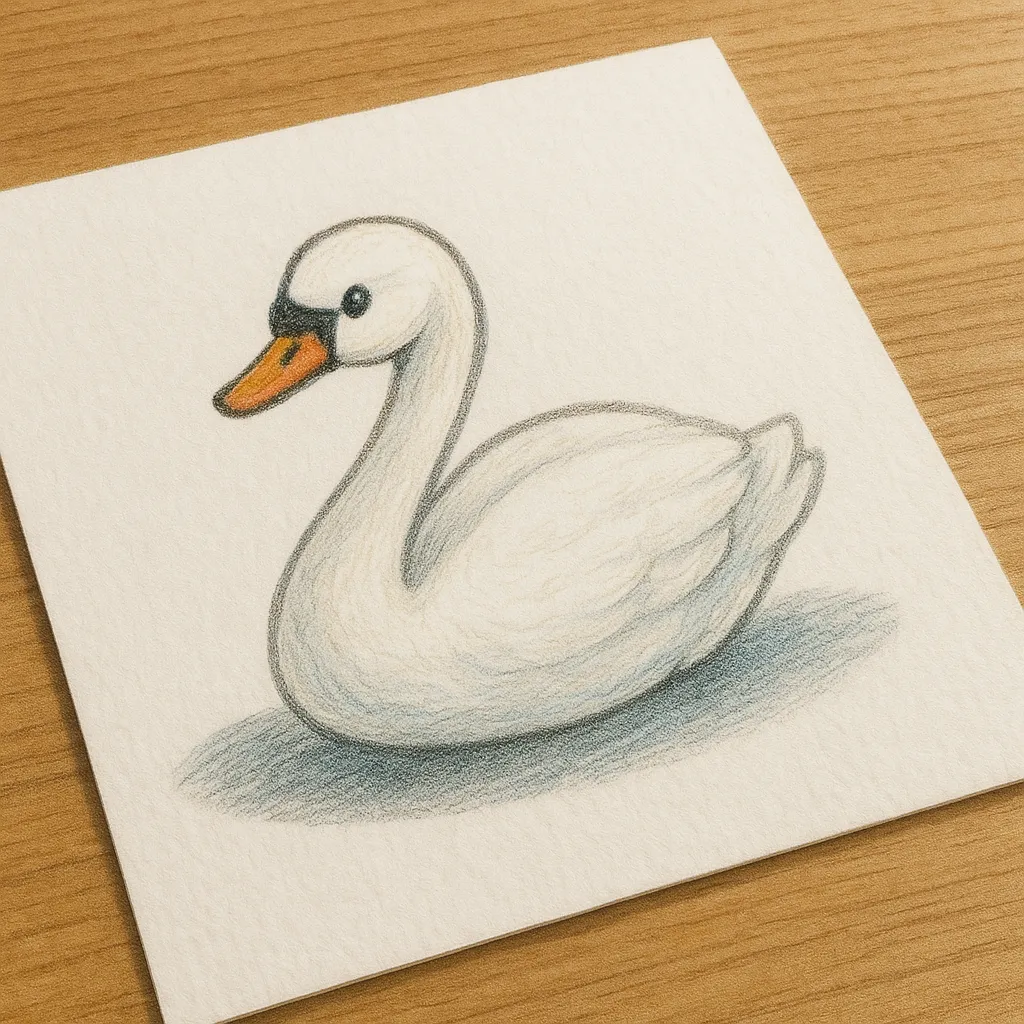 かわいい立体リアルなはくちょう｜白い紙の上に描かれたはくちょうがゆったりと首を曲げてたたずむ姿で立体的に表現されています。色鉛筆で描かれた真っ白な羽とオレンジのくちばしのコントラストが美しく、やさしい目元とふっくらとしたフォルムがとても親しみやすい印象です。自然な影が紙の上に広がり、本当にそこにいるようなリアルさを演出しています。