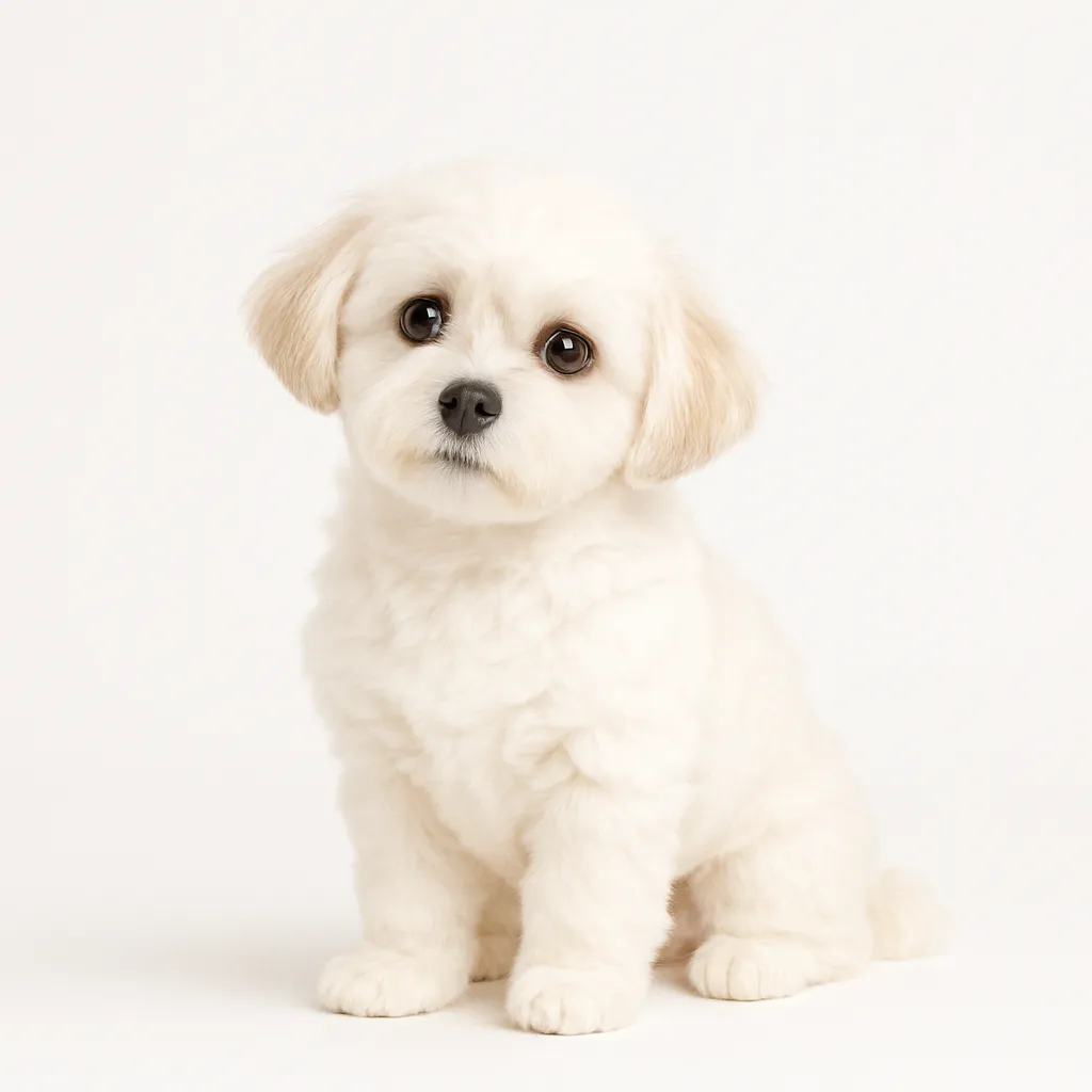 シーズー ポメラニアンミックス 立ちポーズ｜もこもことした毛量が魅力のミックス犬が、正面に立ってこちらを見ています。耳は少し立ち気味で、顔まわりはふんわりと丸く、明るいベージュとホワイトが混ざったやわらかな毛色。白背景の中に明るく自然に浮かび上がる一枚です。