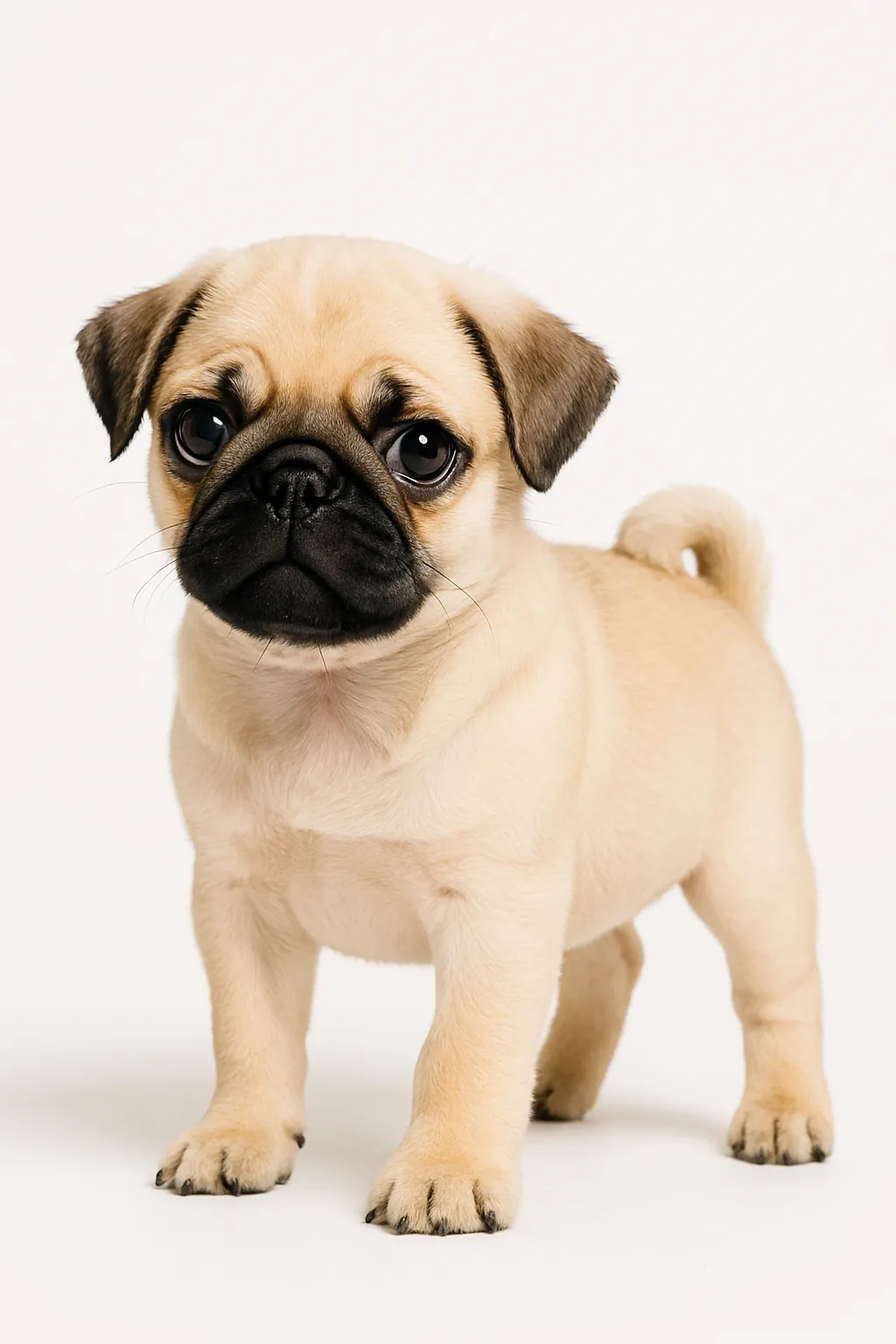 パグ子犬のクリーム立ち姿｜明るめのクリームカラーのパグの子犬がやや斜めを向いて立っている。ふっくらとした体つきとくるんとした尾、小さな耳とまんまるな顔が印象的で、無邪気なエネルギーを感じさせる構図。
