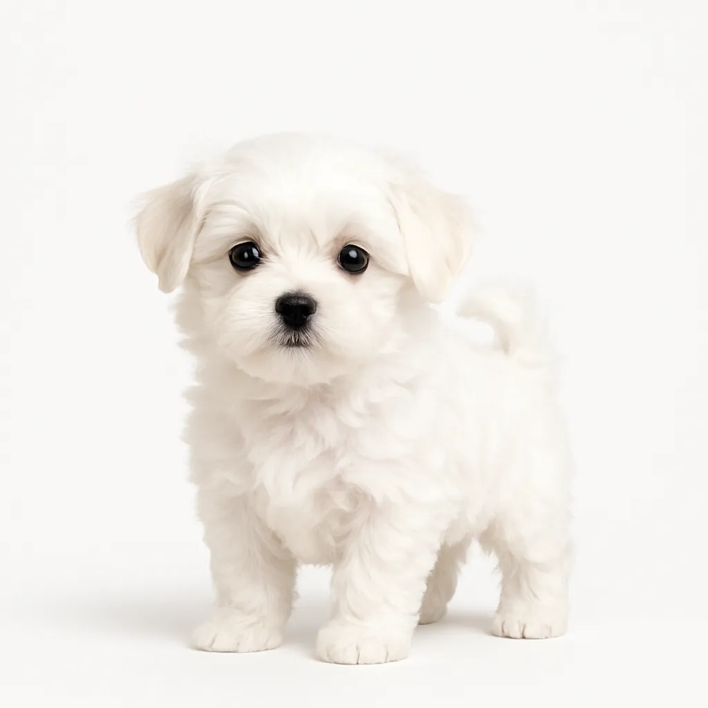 マルチーズ 子犬 立ちポーズ｜純白の被毛に包まれたマルチーズの子犬が、まっすぐ立ってこちらを見つめています。小さな体に丸い黒目が愛らしく、足元もふんわりとした毛に覆われています。白背景にしっかり映え、清潔感と上品さのある印象です。