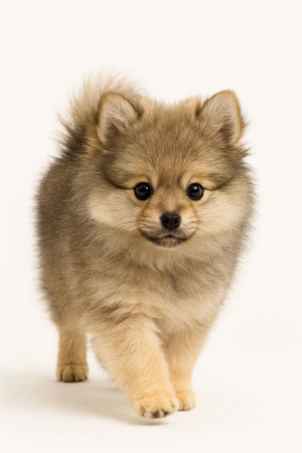 ウルフセーブルのポメラニアン子犬（歩き姿）｜グレーや黒が混じった独特な毛色「ウルフセーブル」のポメラニアン子犬。ふんわりと広がる被毛が揺れる歩きかけの姿で、動きのある一枚に仕上がっています。