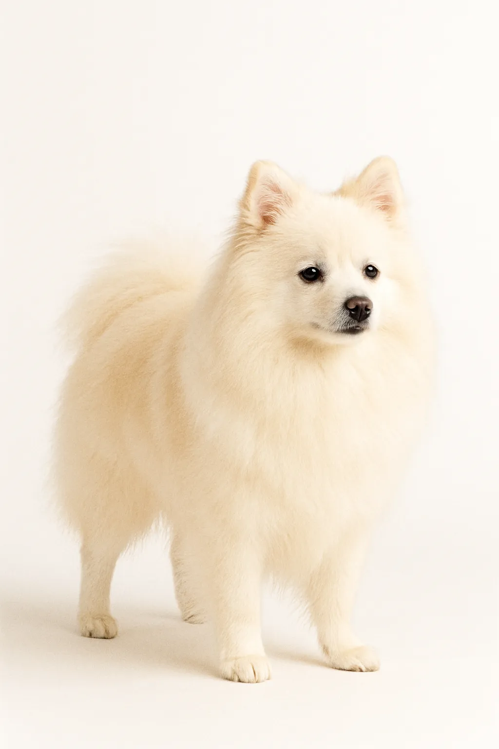 スタジオ風でかわいい白っぽいポメラニアン｜白に近い淡いクリームカラーのポメラニアン成犬が、立ち姿でふわりと動きを見せる構図。毛の柔らかさと清潔感のある色味が際立つ、素材映えする一枚です。
