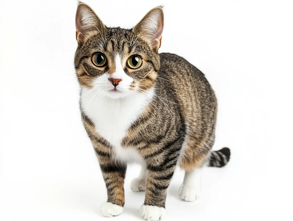 スタジオ撮影風の猫短毛立ち姿｜スタジオ撮影風の白背景で立つ短毛の猫が、大きな瞳ときれいな縞模様を印象的に見せています。くっきりとした毛色と白い足元が清潔感を演出し、親しみやすく凛とした存在感があります。