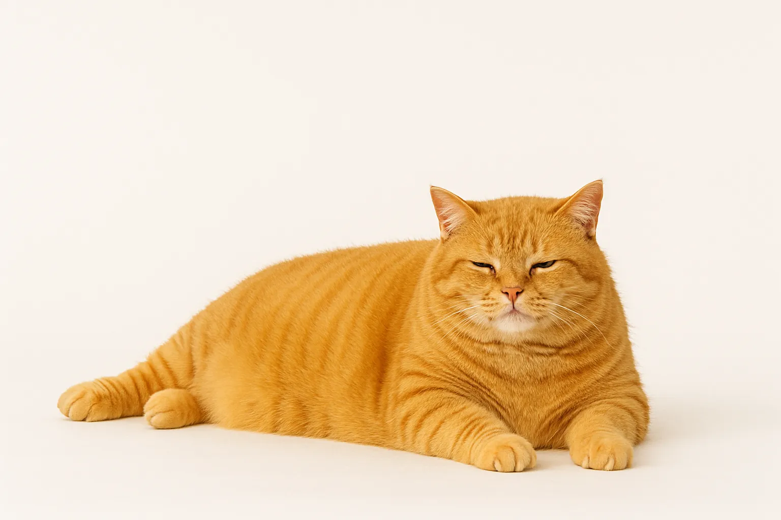 スタジオ撮影風の茶トラでぶ猫（うつ伏せリラックス）｜白い床にお腹をぺたんとつけてうつ伏せになった茶トラでぶ猫。前足を前に伸ばし、おなかの広がりが左右にふくらんで見える愛嬌たっぷりの姿。目はゆったりと半開きで、スタジオ光に包まれた穏やかな印象。