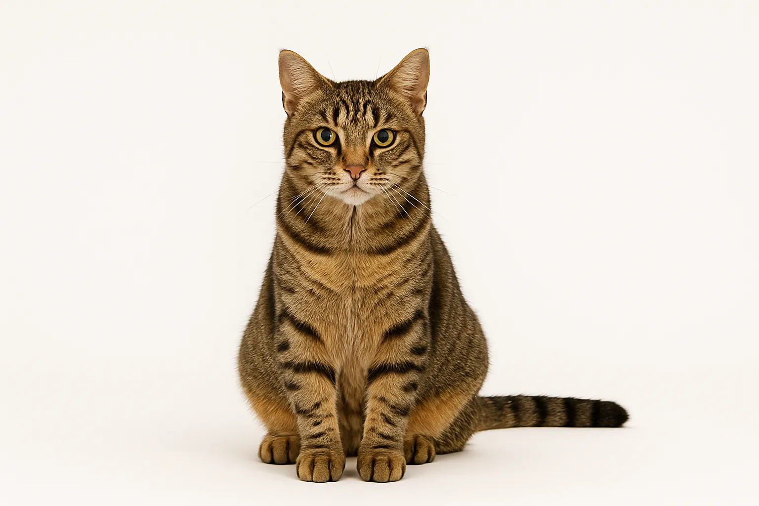 スタジオ撮影風のトラ猫（正面おすわり）｜きれいな白背景の中央に、やや細身のトラ猫が静かに座っている。前足を揃えた姿勢と真っ直ぐな視線が印象的で、額や体に走る黒〜焦げ茶の縞模様が美しく際立つ。やわらかなスタジオ光で毛並みの立体感も丁寧に表現されている。