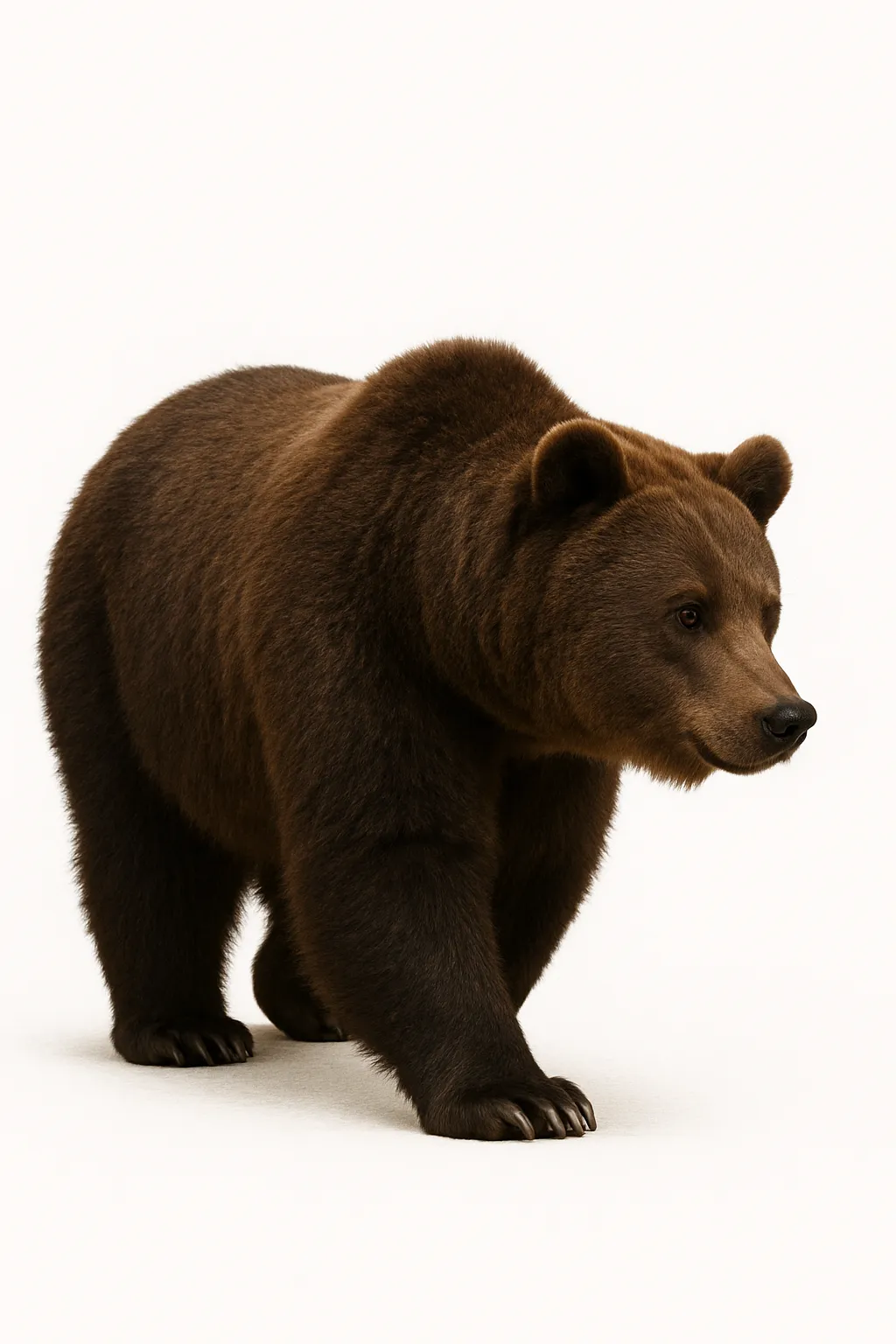 ヒグマの歩行シーン素材｜前足を一歩踏み出しながら横向きに歩くヒグマ。重厚な体つきと筋肉の流れが自然に再現され、毛並みの濃淡や陰影が柔らかく映えています。白背景との対比がはっきりしていて、資料にも活用しやすい構図です。