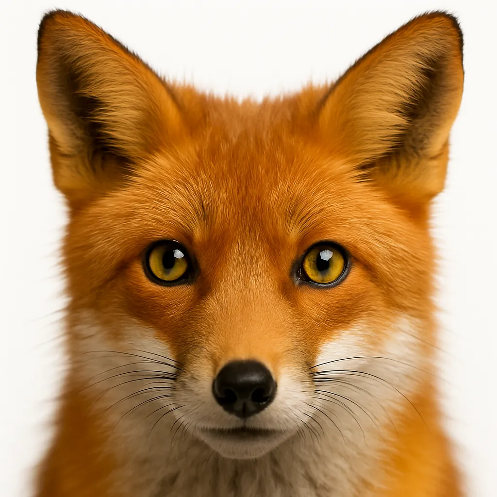 キツネの目（正面アップで射抜く視線）｜キツネの顔を正面から大胆にトリミングし、真っ直ぐに見つめる鋭い眼差しにフォーカスした構図。瞳の中に反射する光が、野性の緊張感と知性を際立たせます。耳と鼻筋がシンメトリーに整い、視線の強さを際立たせます。