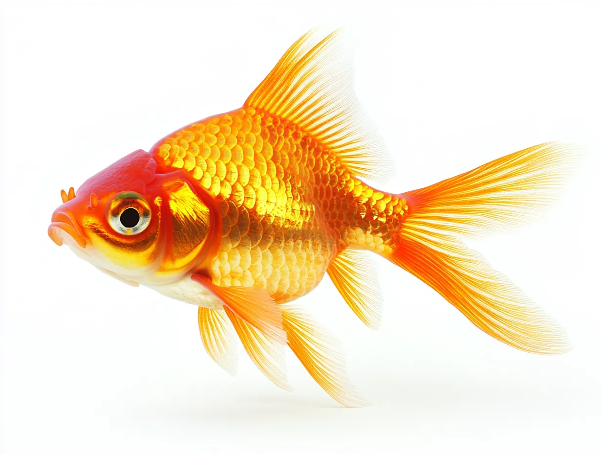金魚のスタジオ撮影画像・光彩うろこ｜金魚の鮮やかな朱と金色のうろこがライトを反射してきらめき、柔らかなヒレが透明感を演出。静止した瞬間を切り取る洗練されたビジュアル。