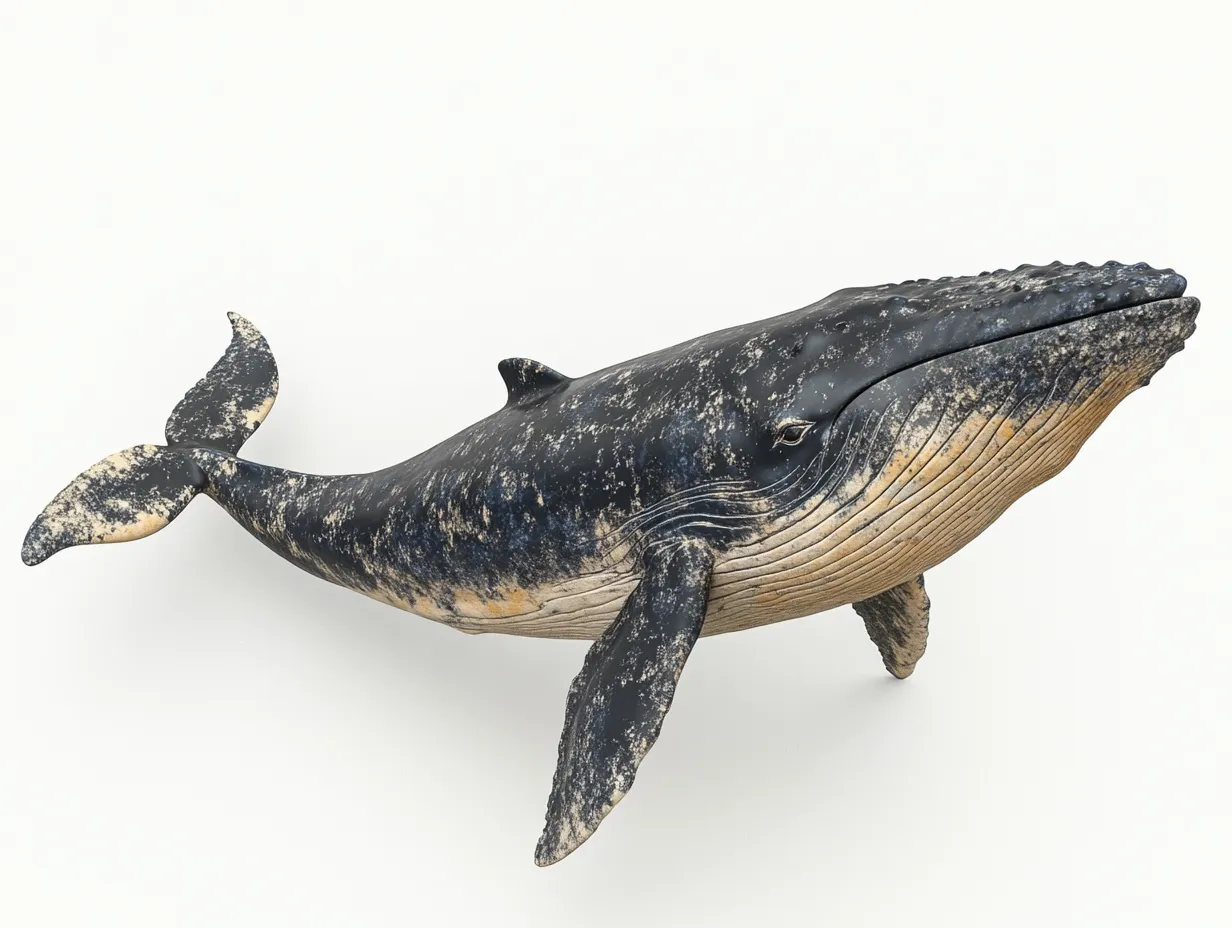 クジラのスタジオ撮影画像｜荒々しい質感と深みのある陰影が強調され、クジラの大海原でのたくましさと自然の風格が印象づけられる作品です。
