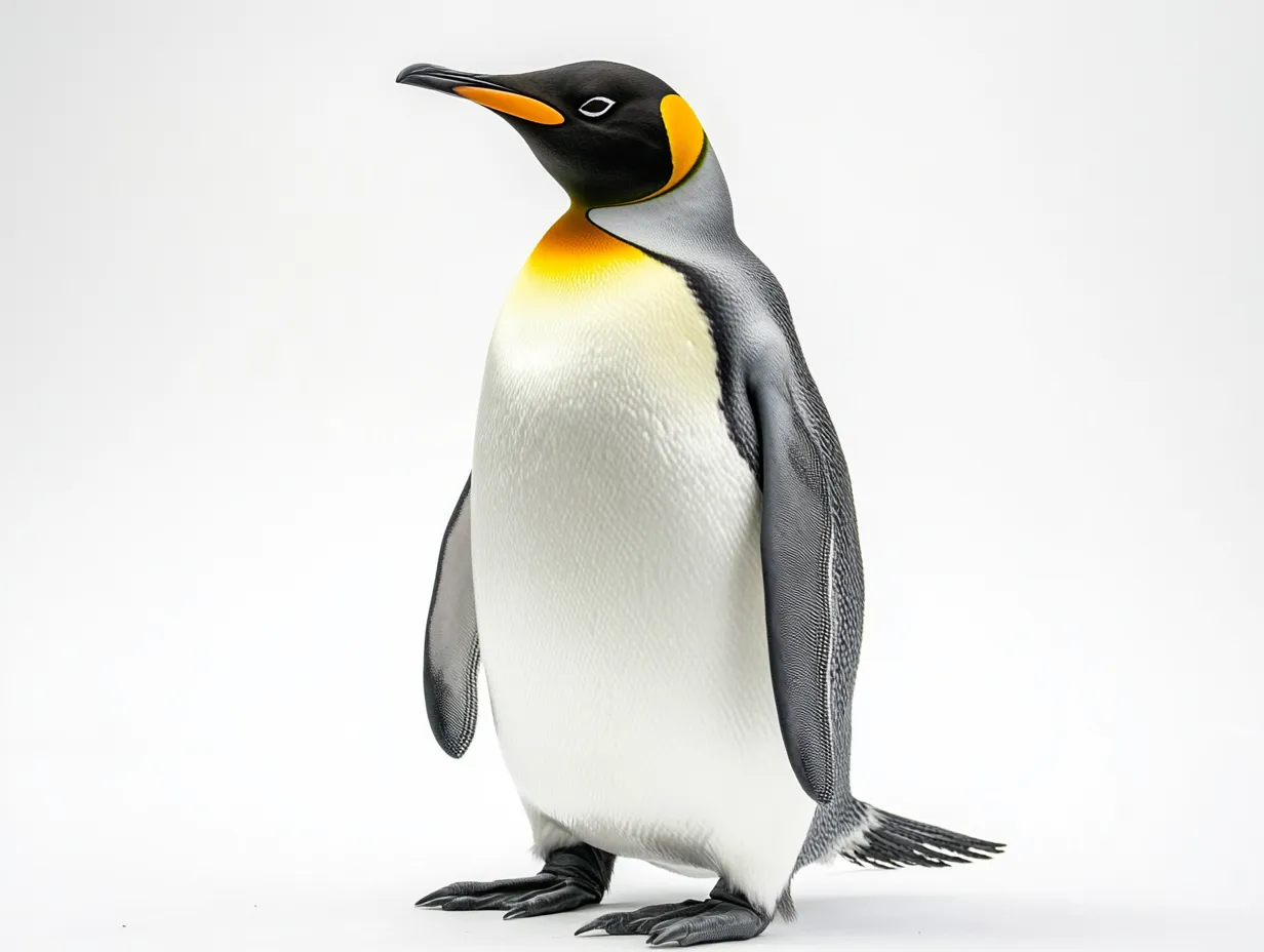 ペンギンのスタジオ撮影画像｜白と黒のカラーが際立ち、ペンギンの端正な立ち姿と南極の冷たい空気感を洗練された背景と共に伝える作品です。