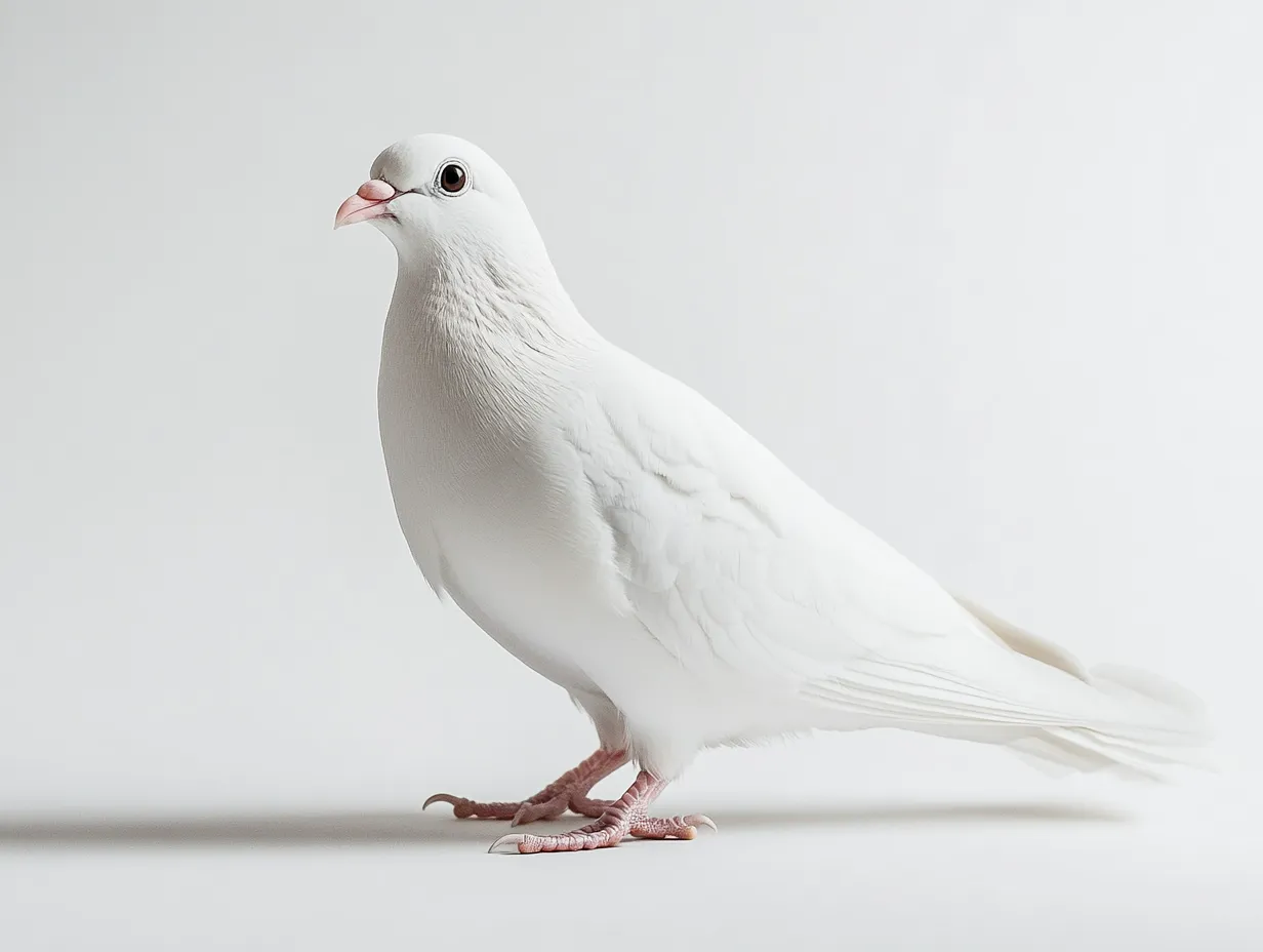 純白の鳥のたたずまい　スタジオ撮影画像｜柔らかく広がる羽根が美しい白い鳥をモチーフに、静けさと純粋さを伝えるスタジオ撮影画像。ミニマルな背景が上品な印象を強調している。