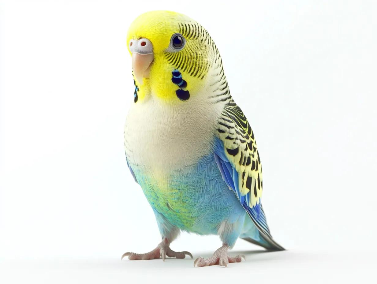 セキセイインコのスタジオ撮影画像｜鮮やかな羽色とつぶらな瞳が際立つ構図で、セキセイインコの愛らしさと個性が明快に表現された写真です。