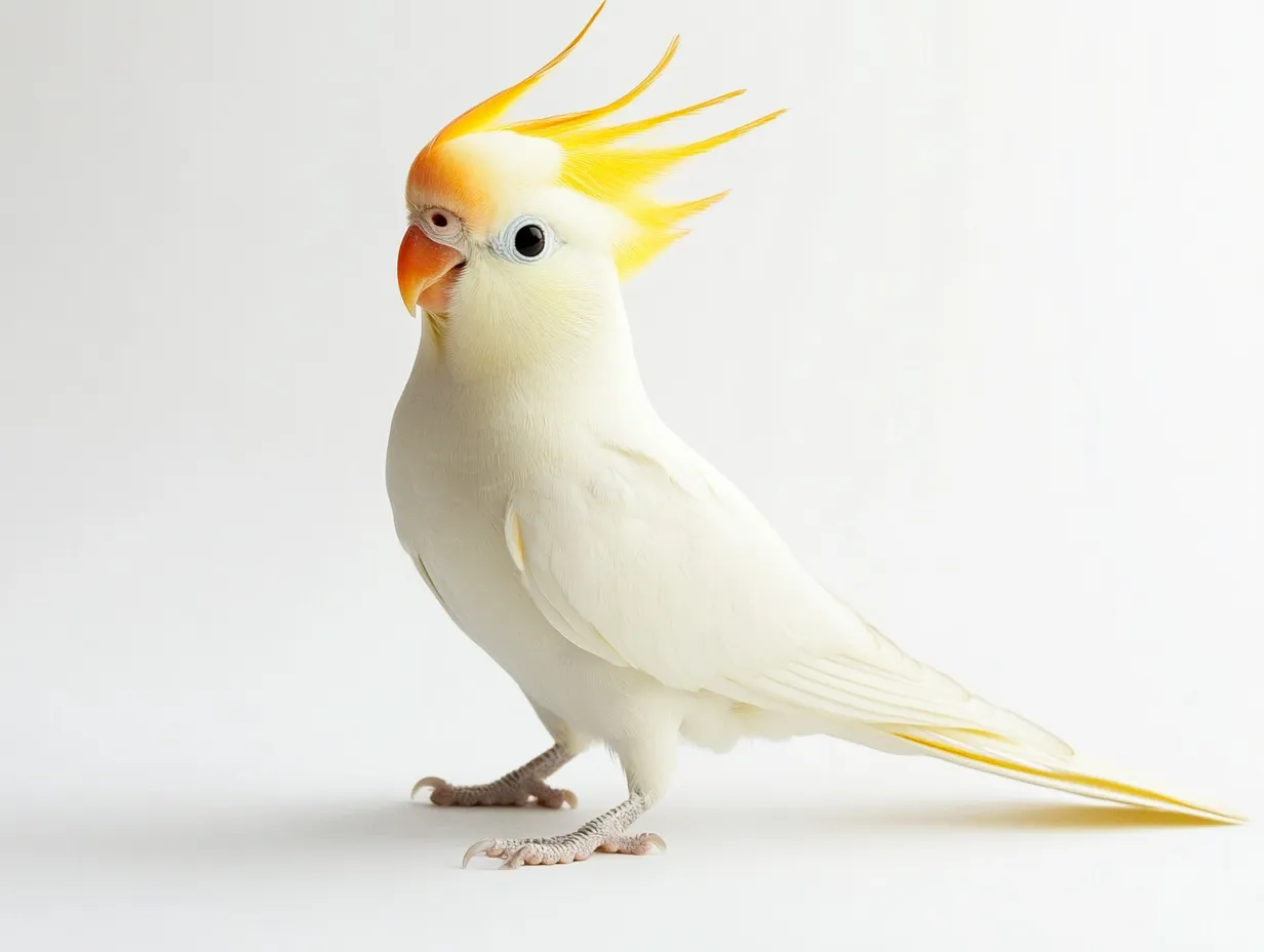 オカメインコのスタジオ撮影画像｜柔らかな白と黄色のグラデーションが優しい印象を与え、オカメインコの上品さと繊細な美しさが際立つ一枚です。