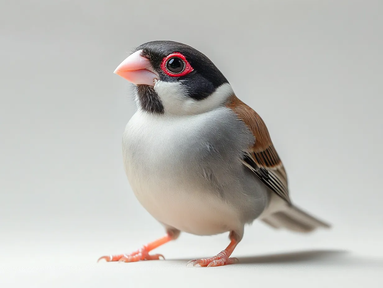 見つめる文鳥の魅力　スタジオ撮影画像｜くっきりとした目元と艶やかな羽が印象的な文鳥をモチーフに、モダンで洗練された印象のスタジオ撮影画像。シャープな質感が映える。