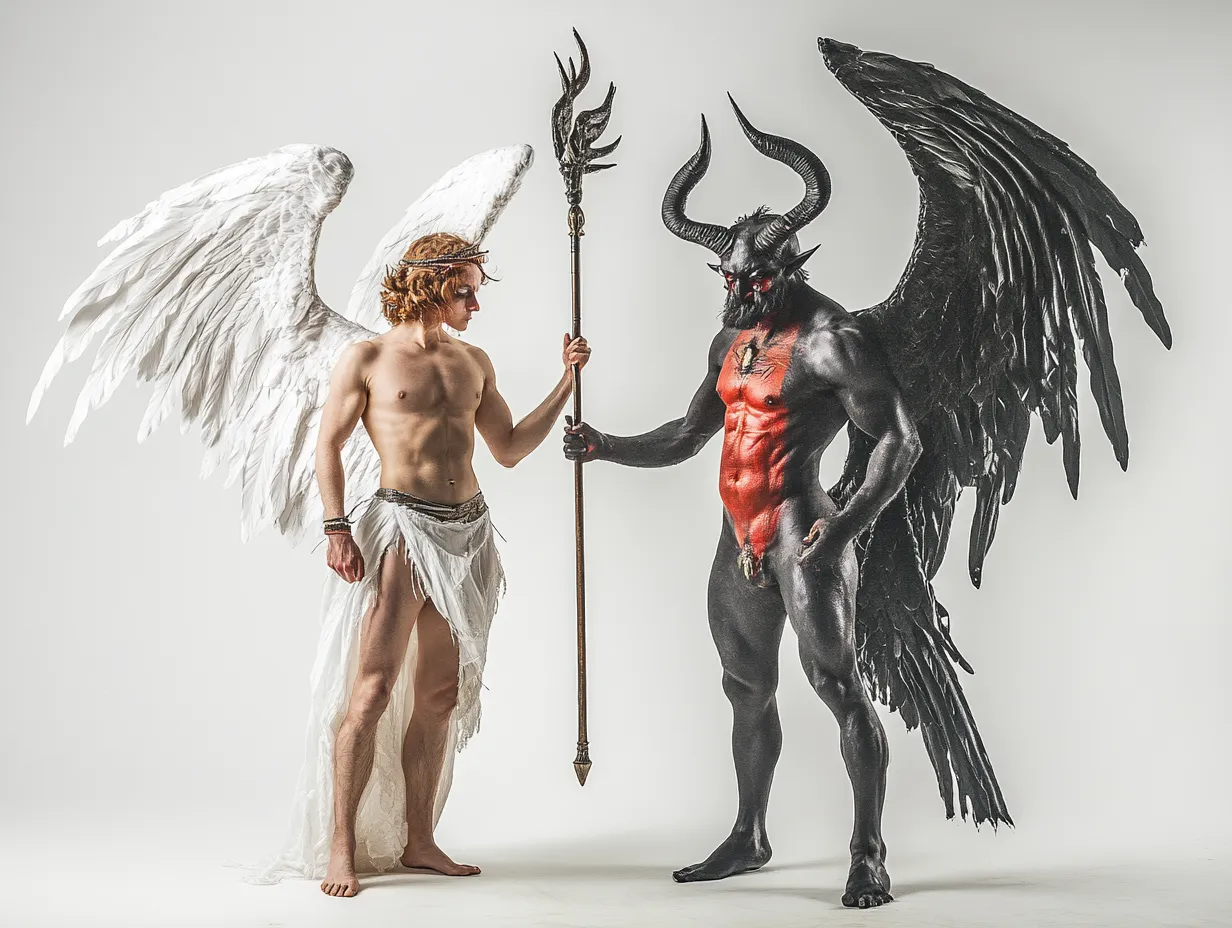 天使と悪魔の対話・スタジオ撮影画像｜相反する存在である天使と悪魔が静かに対峙する構図。スタジオ撮影ならではの明暗表現が緊張感と美しさを同時に浮かび上がらせる。