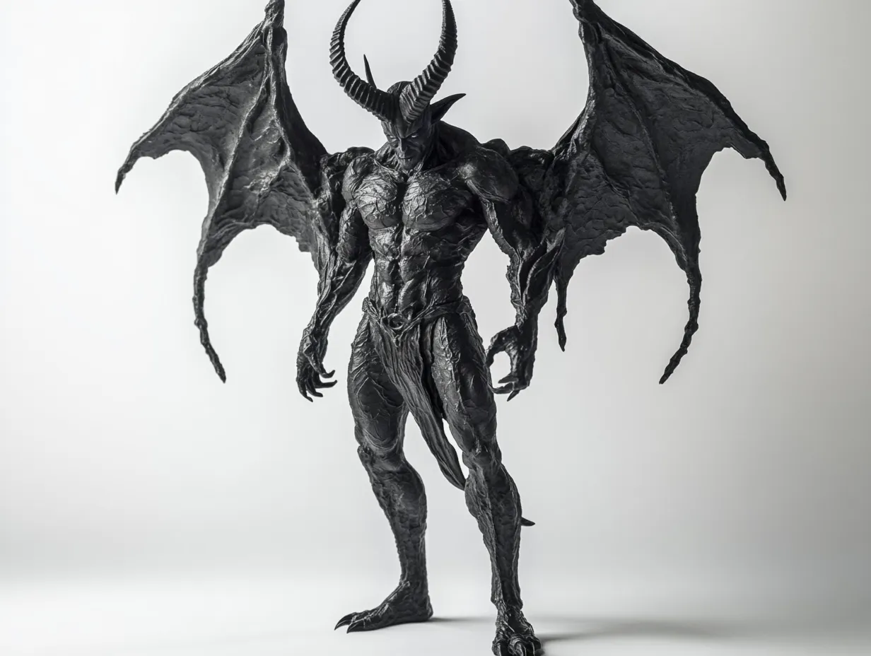 堕天の魔神・スタジオ撮影画像｜鋭い角と翼を持つ魔神が佇む姿を彫像のような質感で表現。スタジオ光がモチーフの悪魔の冷酷で威圧的な雰囲気を引き立てている。