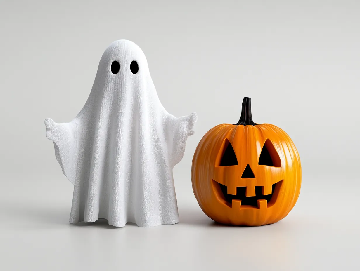 ハロウィンお化けと南瓜・スタジオ撮影画像｜ポップで親しみやすいお化けとジャックオーランタンが並ぶ構図。明るいスタジオ照明がハロウィンお化けの陽気で楽しい雰囲気を演出。