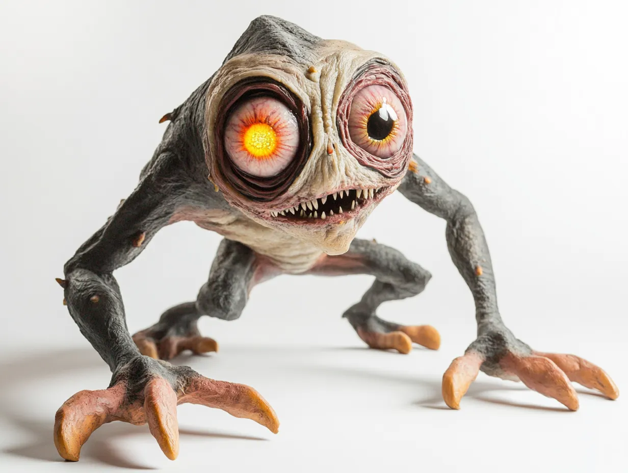 大目玉モンスター・スタジオ撮影画像｜巨大な目を持つ奇怪なモンスターが不気味に前傾姿勢で迫る。スタジオライティングがモチーフのモンスターの異形性を際立たせている。