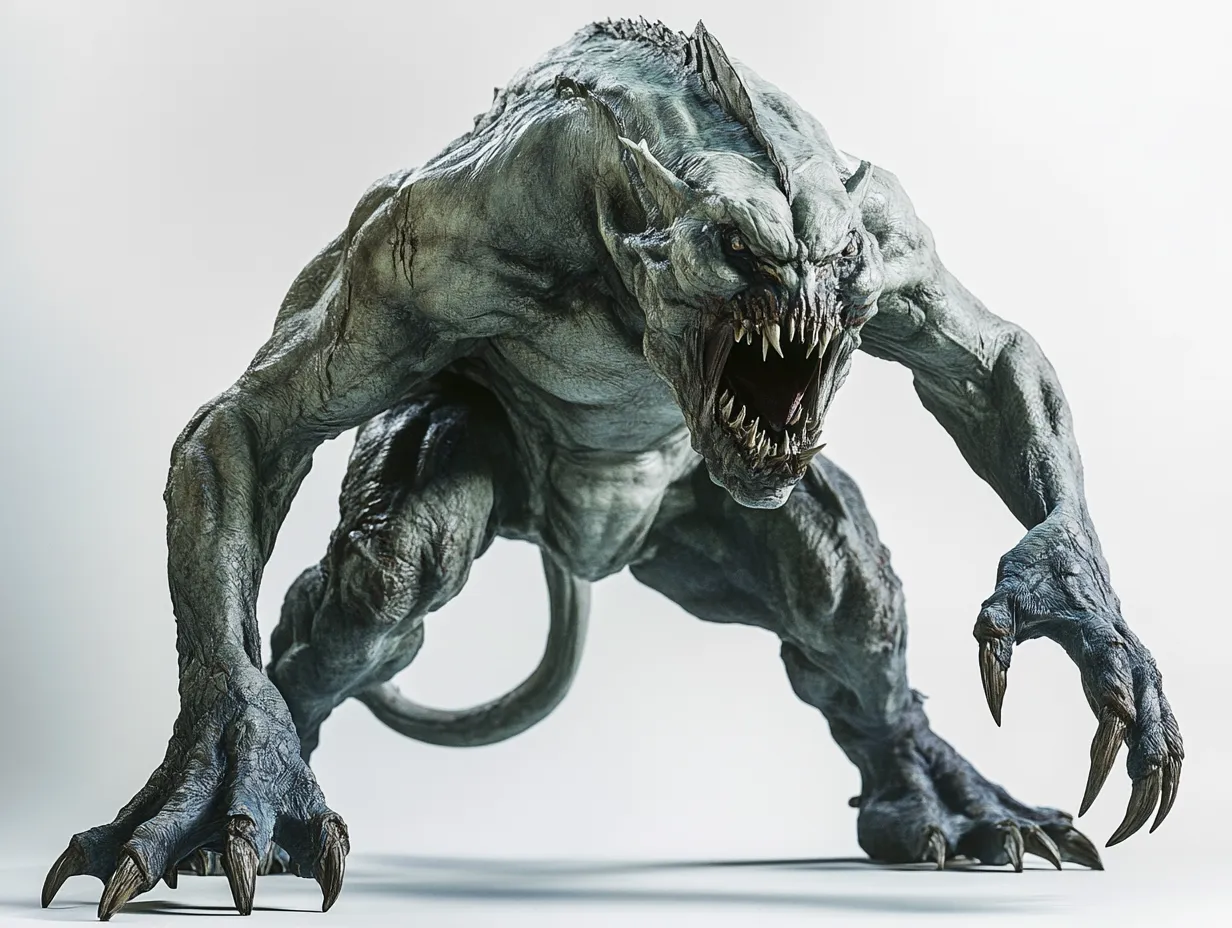 咆哮する怪獣・スタジオ撮影画像｜鋭い牙と筋骨隆々な身体を持つ怪獣が咆哮する瞬間を捉えた構図。スタジオ環境下でモチーフのモンスターの凶暴さを緻密に描き出す。