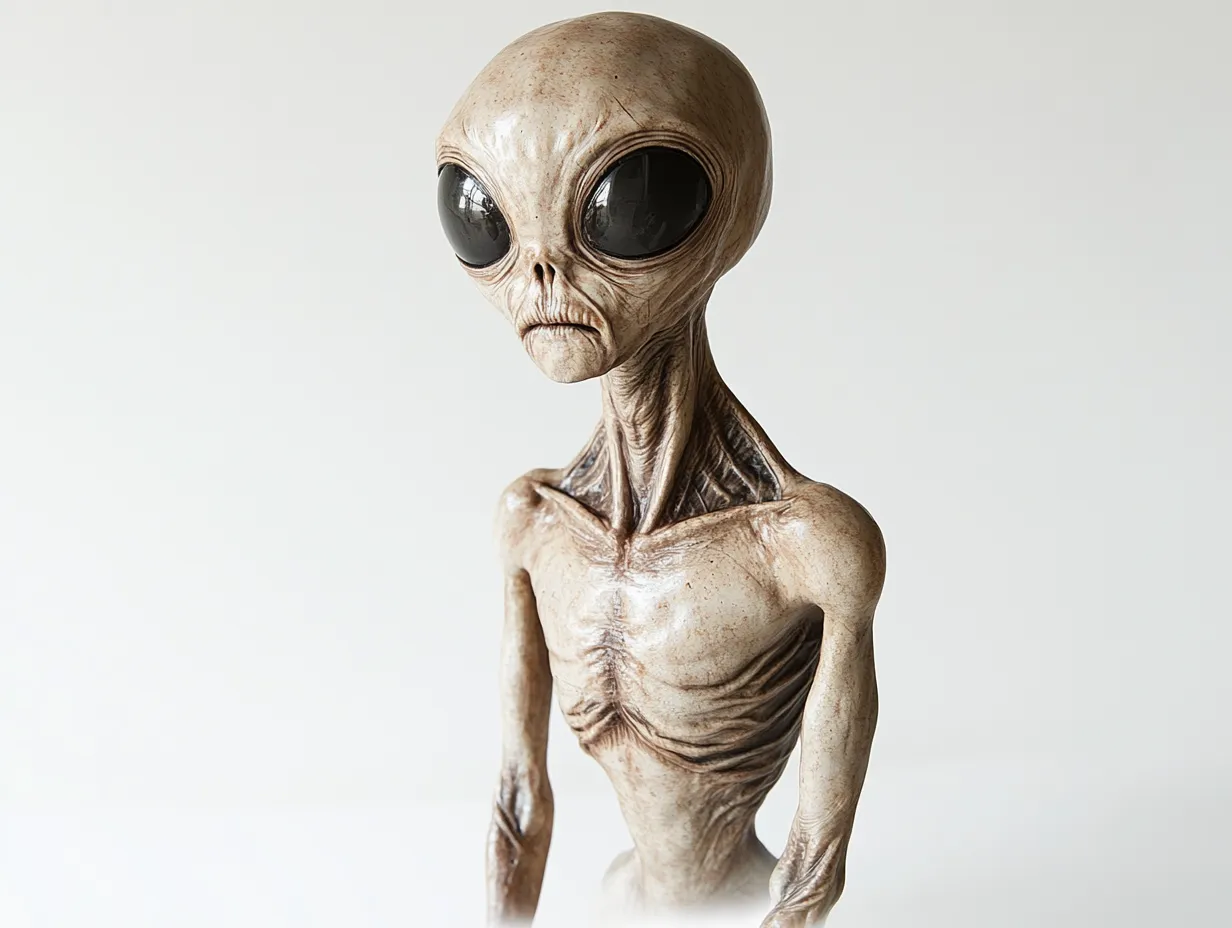 スタジオ撮影画像：冷静な宇宙人｜静謐なホワイトバックの中で浮かぶように立つ宇宙人。細い体躯と巨大な瞳が異星の知性と神秘性を強調する、現代的でミニマルなスタジオ撮影画像。