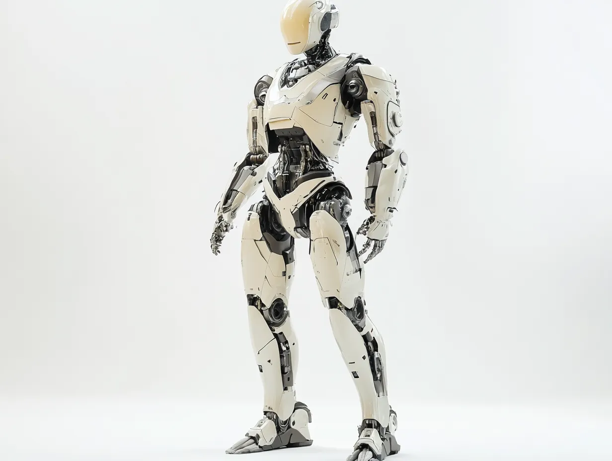 スタジオ撮影画像：未来型ロボット｜均整の取れたフォルムと光沢のある装甲が印象的なロボット。工業デザインの美しさと未来感を演出したスタジオ撮影画像で、精密さが際立つ。