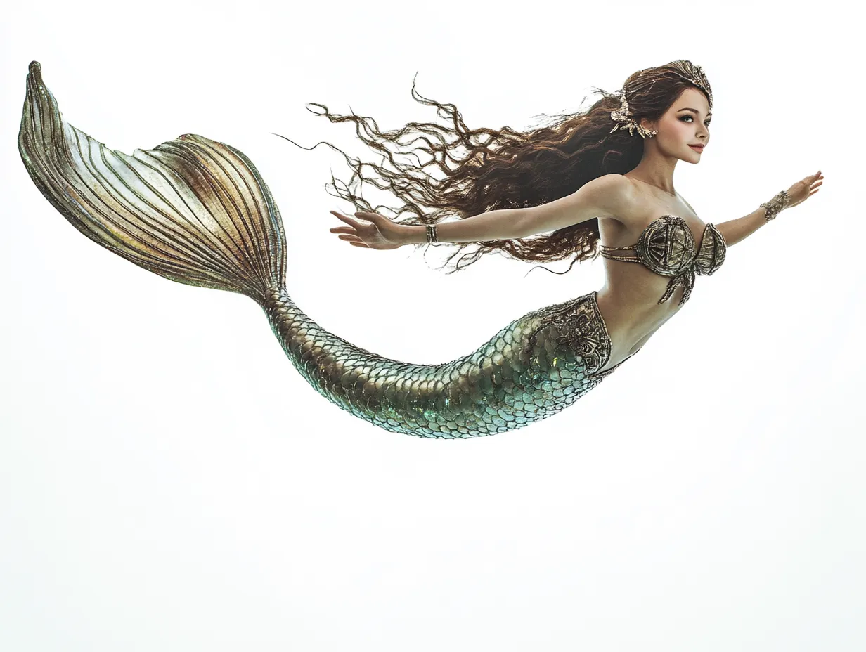 スタジオ撮影画像：横たわる人魚｜流れる髪と輝く尾ひれが美しく際立つ構図の人魚。海中の浮遊感を感じさせる光とポージングが魅力のスタジオ撮影画像。