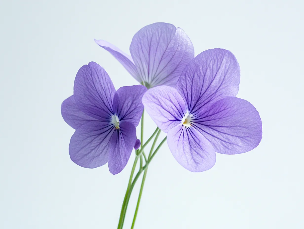 すみれ花のスタジオ撮影画像｜淡い紫のすみれ花をアップで捉えたスタジオ撮影画像。柔らかい光が繊細な花脈と可憐さを一層引き立てています。
