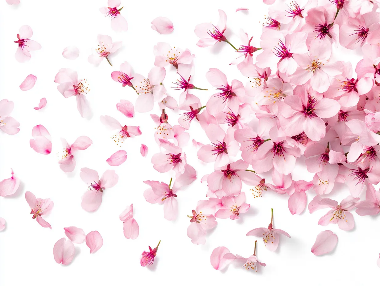 桜の花びらのモチーフスタジオ撮影画像｜桜の花びらのモチーフスタジオ撮影画像は、ひとつひとつの色や形の違いが繊細に描写されており、柔らかで儚げな美しさが映える構成です。