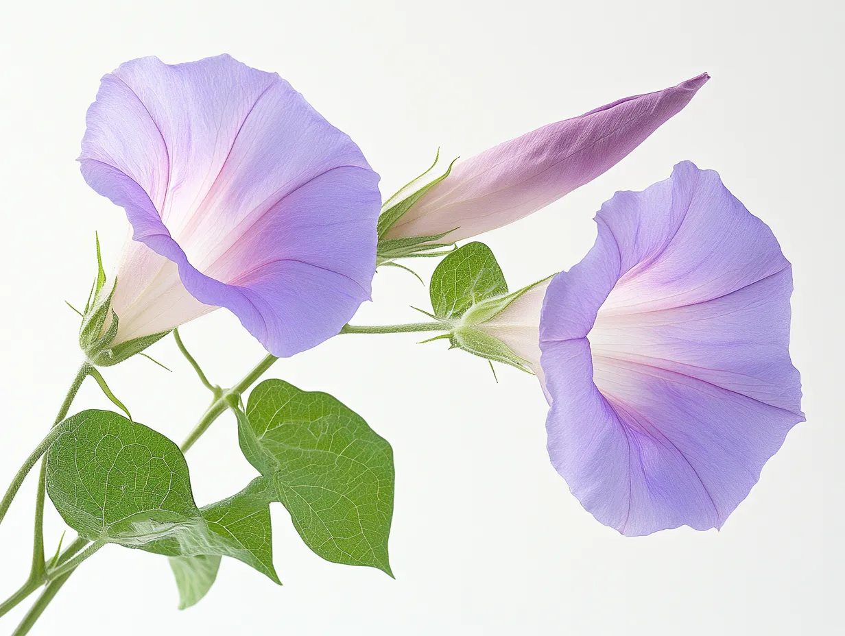 朝顔のスタジオ撮影画像｜柔らかなグラデーションの花びらが印象的な朝顔を捉えたスタジオ撮影画像です。自然光の陰影が繊細な質感を際立たせ、朝顔の清らかさと涼やかさを感じる構成になっています。