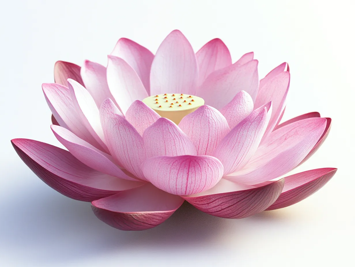 蓮のスタジオ撮影画像｜開いたばかりの蓮の花をやや斜めからとらえたスタジオ撮影画像です。花芯と花弁のバランスが美しく、蓮のスタジオ撮影画像らしい気品と透明感をしっかり表現しています。
