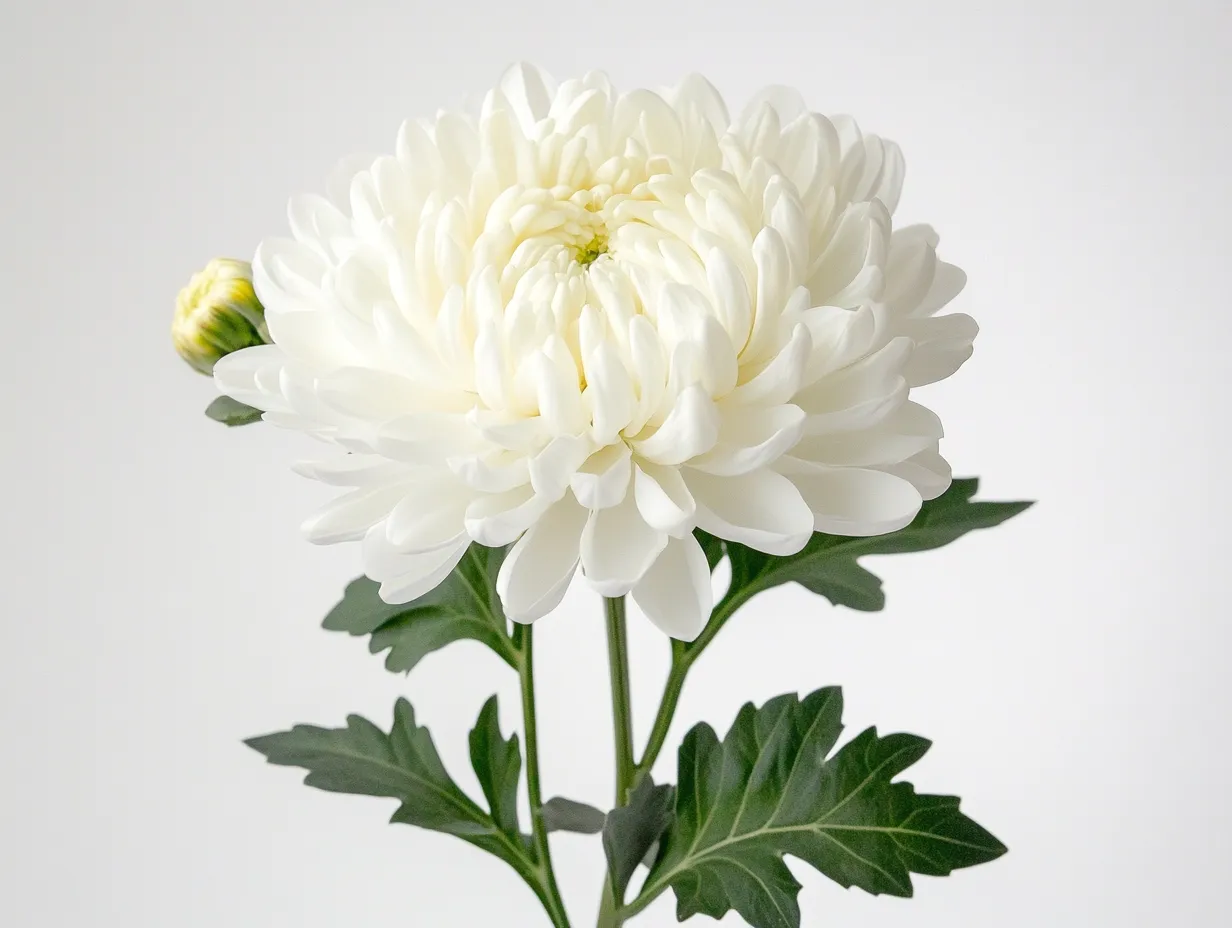 純白の菊の花スタジオ撮影画像｜柔らかい光に包まれた純白の菊の花のスタジオ撮影画像。清廉で繊細なモチーフが静謐な美しさと静けさを感じさせる構図。