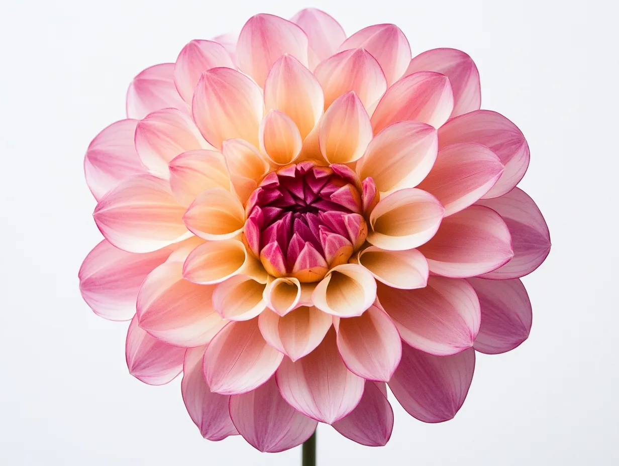 桃色ダリアの花スタジオ撮影画像｜濃淡のグラデーションが美しい桃色のダリアの花を主役にしたスタジオ撮影画像。モチーフの整った形状がグラフィカルな印象を生む。