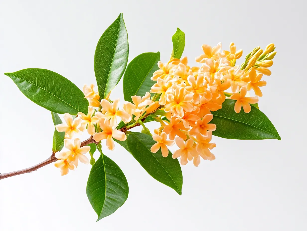 金木犀の花スタジオ撮影画像｜淡いオレンジ色の小花が連なる金木犀の花を、緑葉と共に柔らかな光で撮影したスタジオ撮影画像。モチーフの芳香まで想起させる優雅な印象。