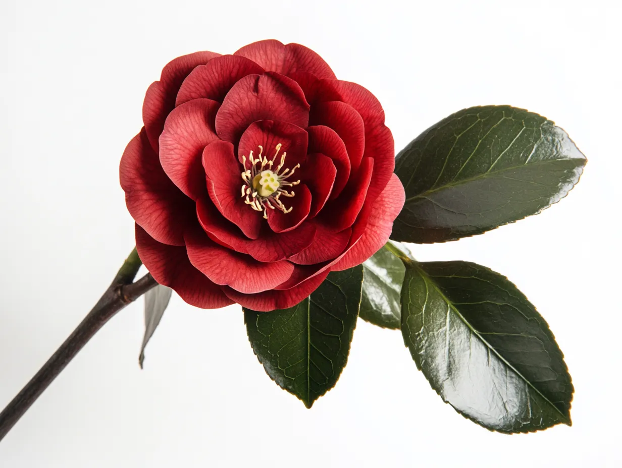 赤い椿の花スタジオ撮影画像｜深紅の花弁が幾重にも重なる椿の花を鮮明に捉えたスタジオ撮影画像。モチーフの艶やかな色彩が静かな情熱を感じさせる。