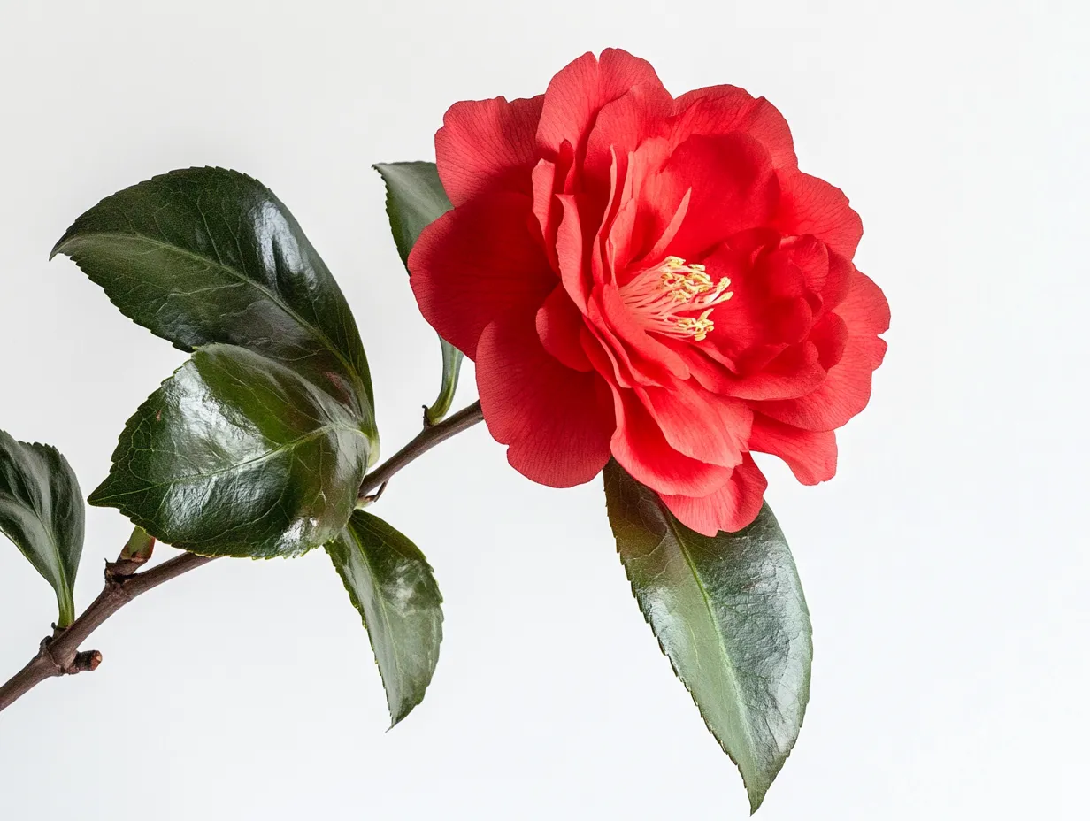 紅のサザンカに映る静寂｜サザンカをモチーフにしたスタジオ撮影画像。深紅の花弁が艶やかな葉と調和し、凛とした冬の空気を感じさせる一枚です。