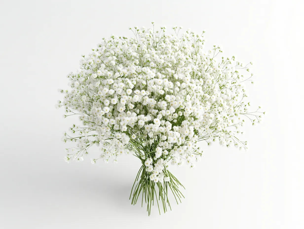 かすみ草花束のスタジオ撮影画像｜繊細な小花が密集したかすみ草花束を明るい背景で表現し、優雅で純粋な空気感をスタジオ撮影画像で際立たせています。