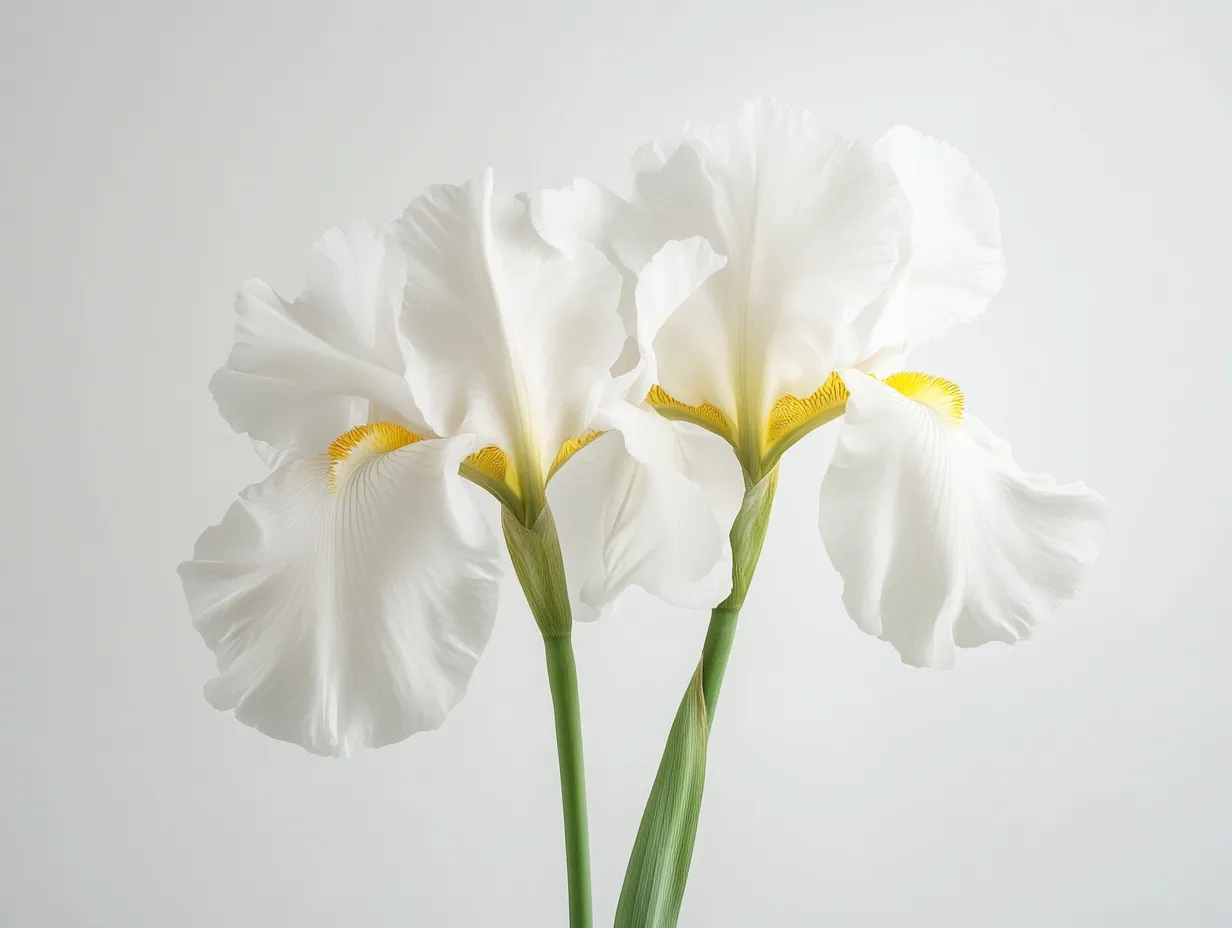白いあやめのスタジオ撮影画像｜純白のあやめの繊細な花びらを優しい光で浮かび上がらせたスタジオ撮影画像で、清楚で洗練された印象が際立っています。
