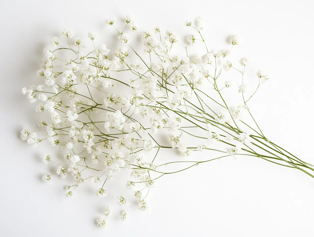 かすみ草のスタジオ撮影画像｜ふわりと広がるかすみ草の枝を白背景で際立たせたスタジオ撮影画像で、儚さと優しさに満ちた静謐な印象を与えます。