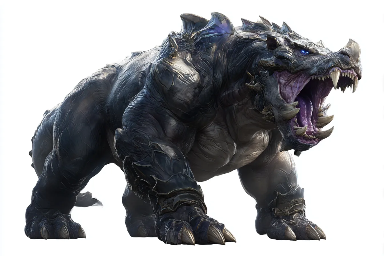 咆哮する巨獣ベヒーモス｜筋骨隆々の体躯と鋭い牙を備えるベヒーモスは、大地の怒りを体現する存在。青白い光を放つ眼と咆哮が圧倒的な威容を誇示している。