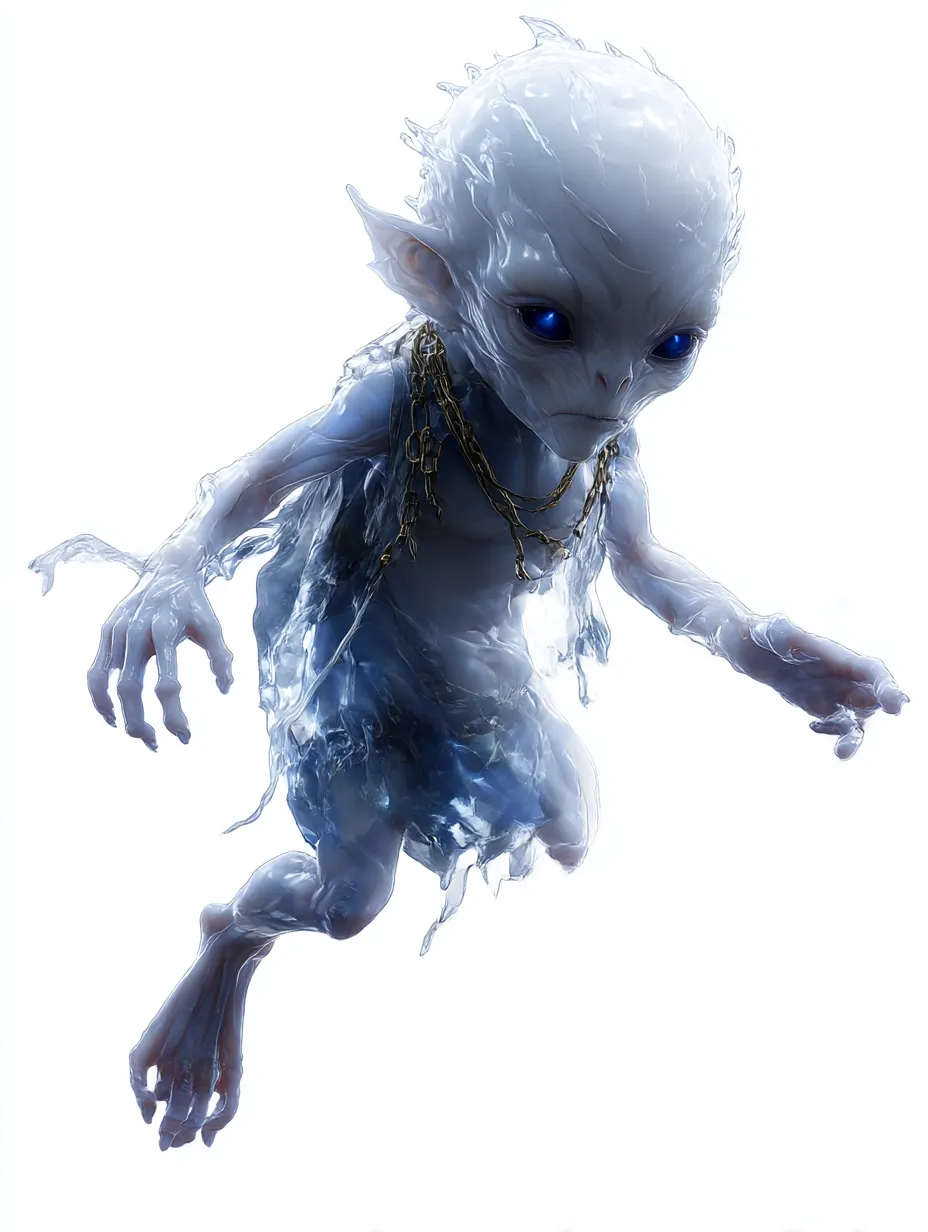 水晶体のホムンクルス｜透き通るような身体を持つホムンクルスは、人工的に生み出された儚さを象徴。青い瞳と液体のような質感が、未完成な生命体の神秘を漂わせる。