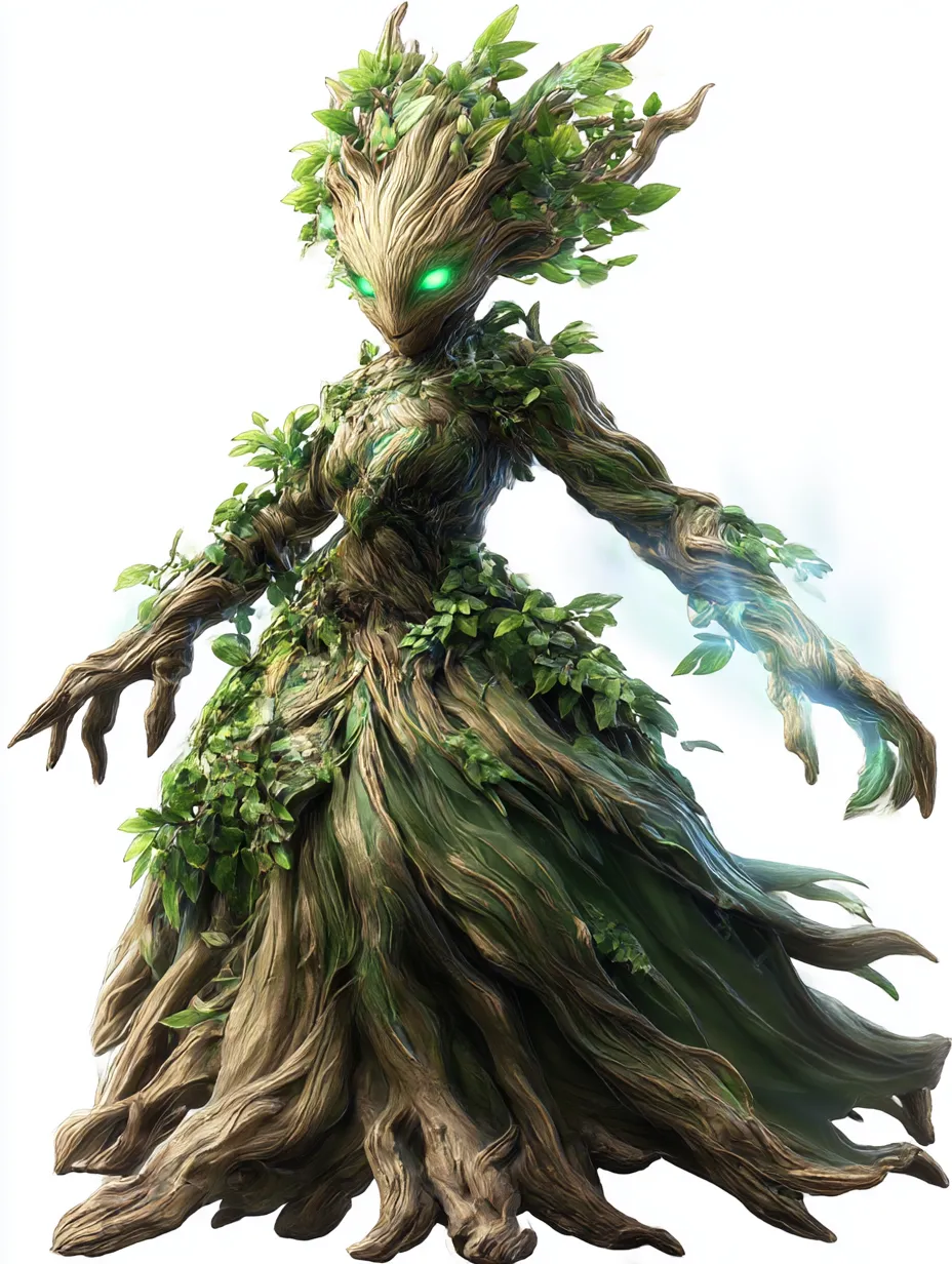 森の精霊マンドレイク｜樹木の体を持ち緑の光を宿すマンドレイクは、自然と調和した神秘的な存在。枝葉の装飾が精霊としての荘厳さを際立たせている。