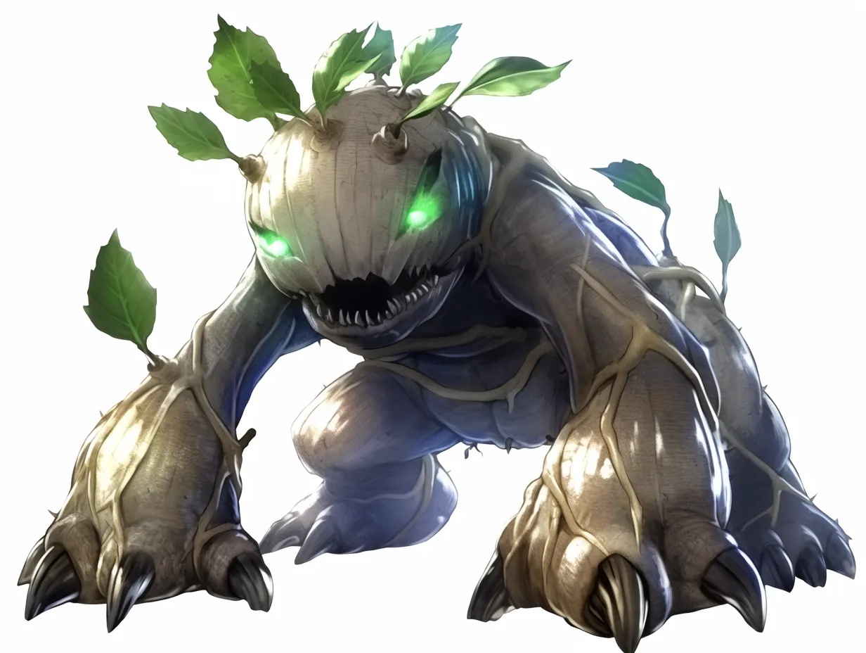 獣性を宿すマンドレイク｜四肢で構える姿のマンドレイクは、獣のような迫力を漂わせる。光る瞳と鋭い爪が、精霊の荒々しい側面を強調している。