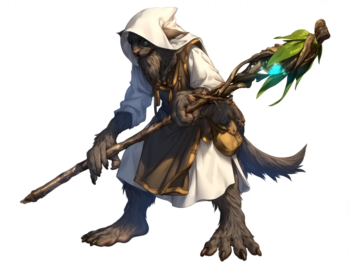 隠者のブラウニー｜フードを纏い魔力を宿した杖を持つ姿は、森の知恵者を思わせる。ブラウニーは隠遁しながらも人々を見守る存在であり、神秘的な印象を与えている。