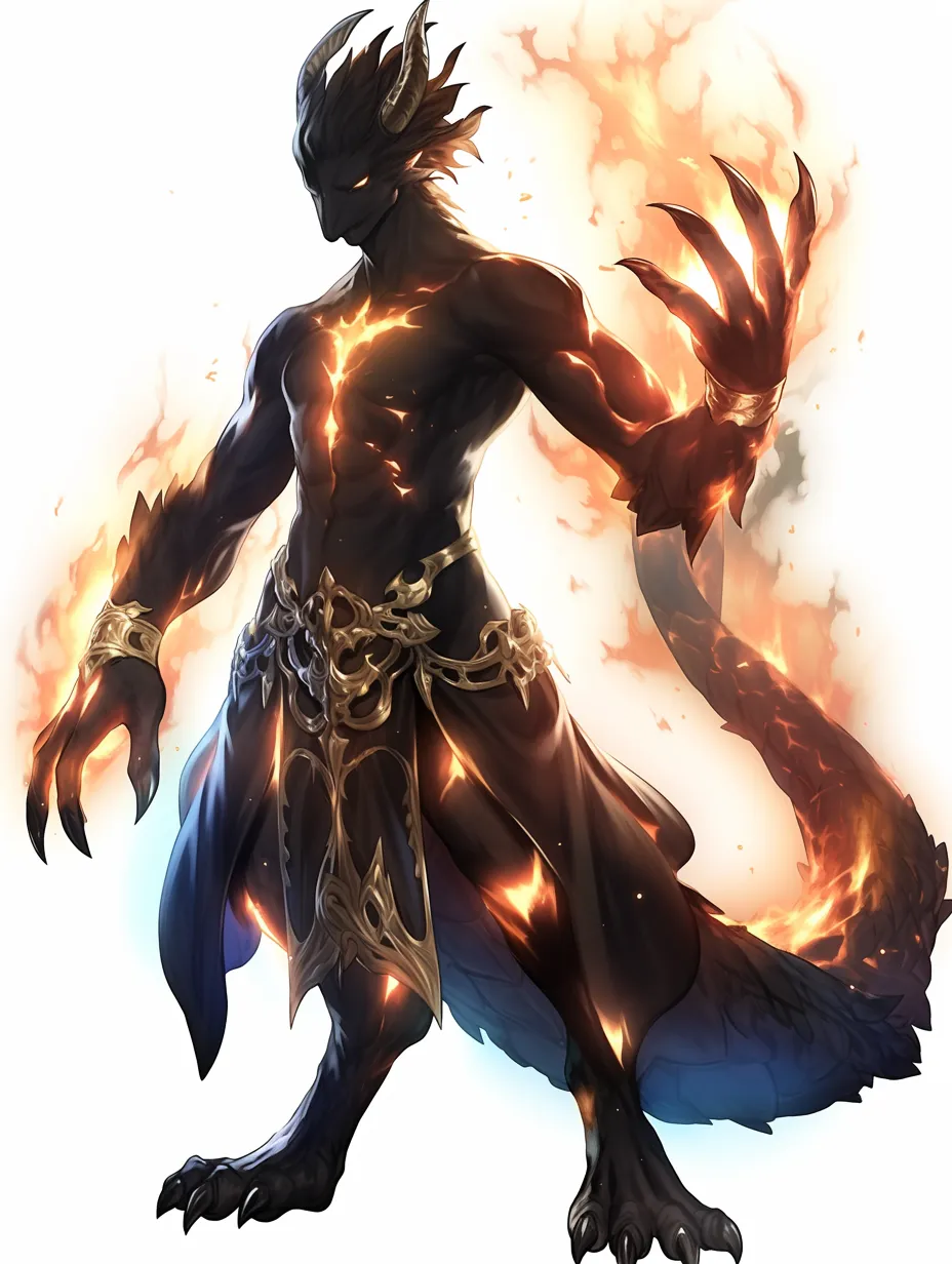 黒炎の魔神イフリート｜漆黒の肉体に亀裂のように光る炎が宿り、獣の足と長い尾が異形性を強調する。装飾は重厚でありながら異界の威厳を漂わせ、イフリートの存在を恐怖と崇高さで描き出している。
