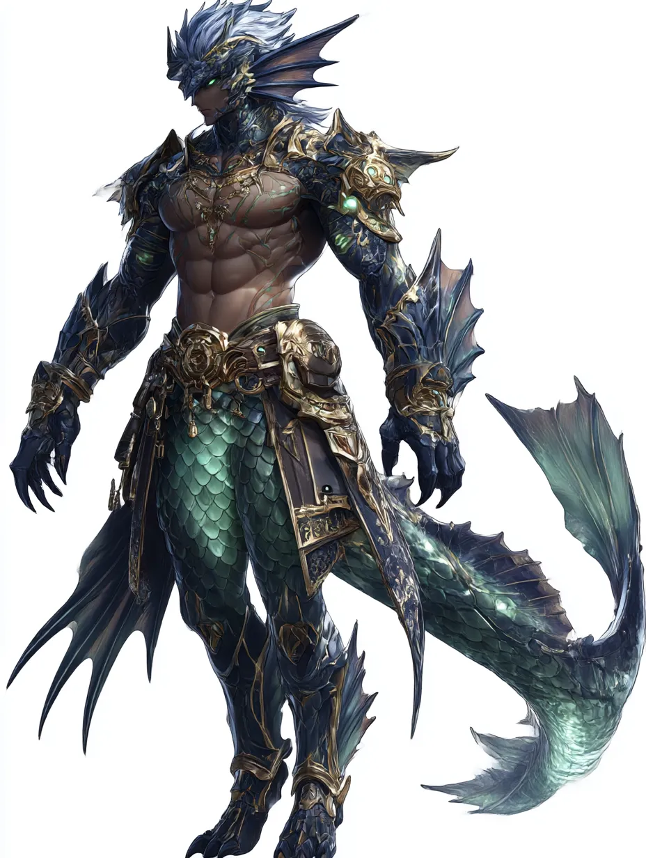 翠鱗を纏う戦士半魚人｜緑と黒の鱗が力強さを強調し、黄金の鎧が威厳を添える。鋭い輪郭と逞しい体躯が戦士としての存在感を放ち、半魚人の恐るべき戦闘力を象徴している。