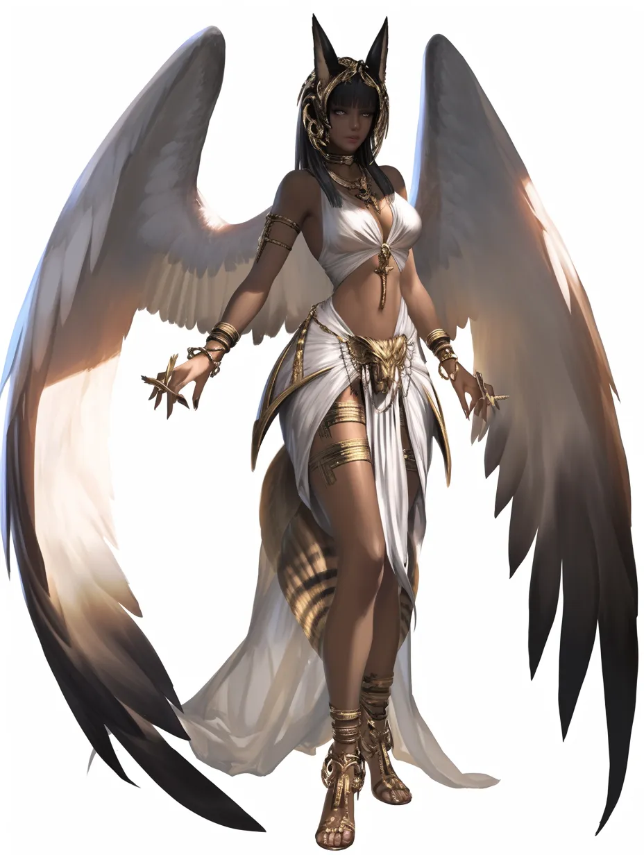 イシスの翼を広げる神聖像｜狐耳のような意匠と大きな翼が異界性を際立たせ、白衣と黄金装飾が女神イシスの超越性を描く。